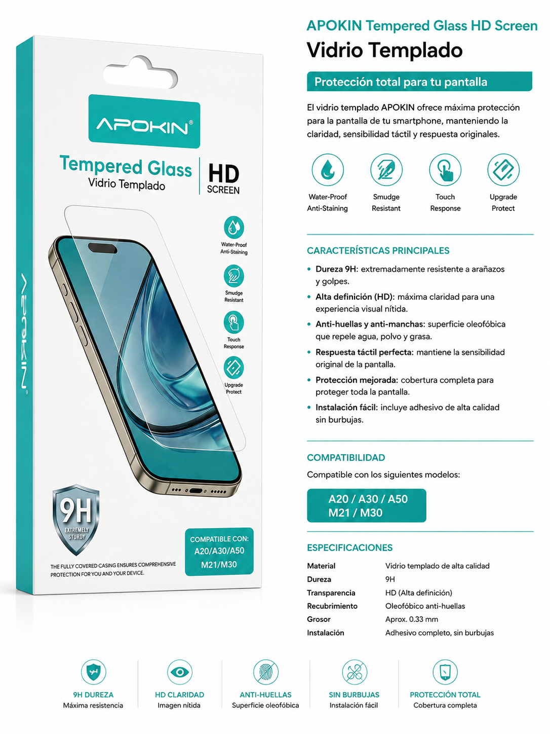 Protector de Pantalla APOKIN Vidrio Templado 9H para Samsung A20 / A30 / A50 / M21 / M30