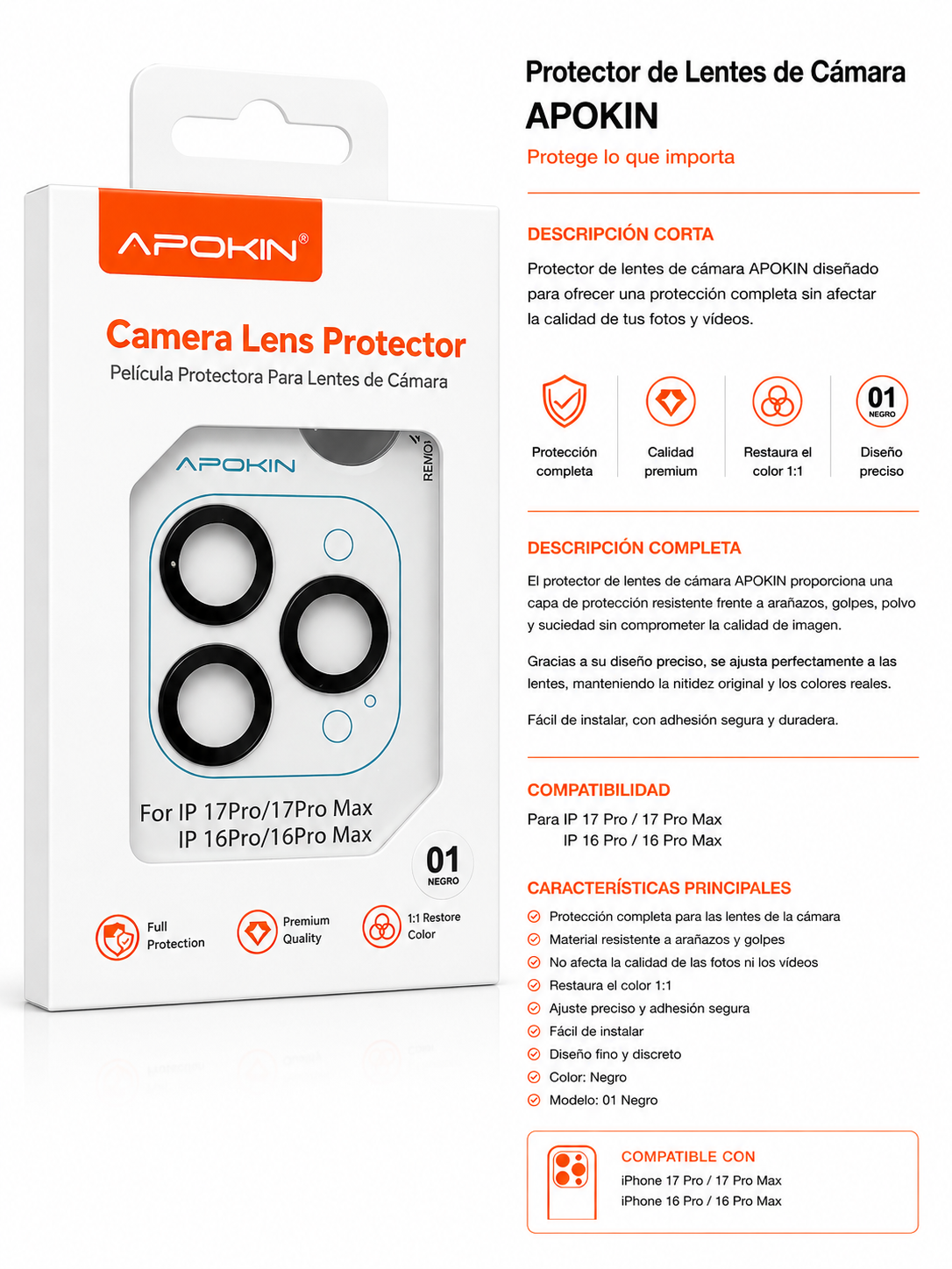 Protector de Lentes de Cámara APOKIN para iPhone 16 Pro / 16 Pro Max / 17 Pro / 17 Pro Max – Negro