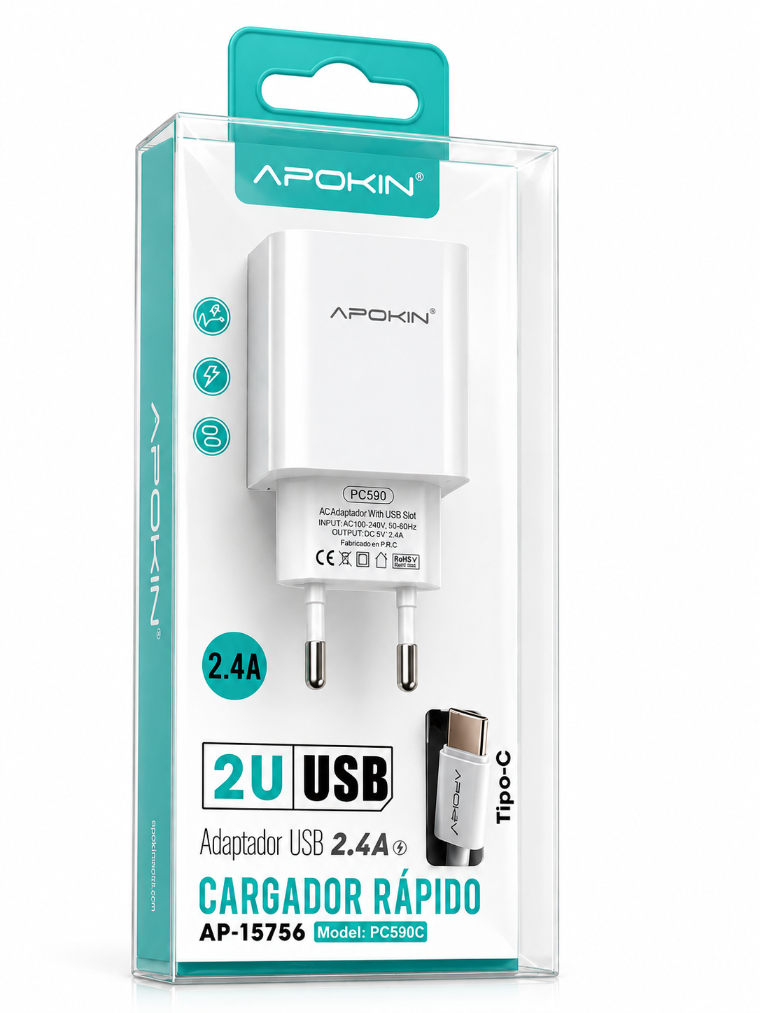 Cargador APOKIN 2 USB 2.4A con Adaptador USB-C – PC590C