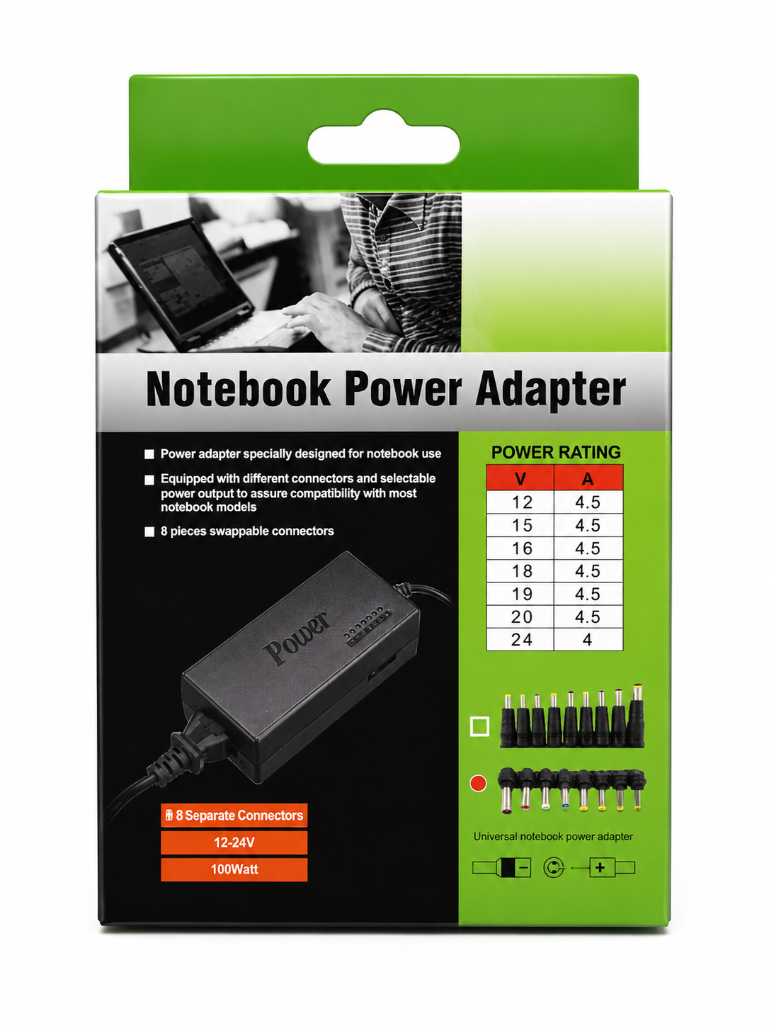 Cargador Universal para Portátil 100W 12-24V con 8 Conectores Intercambiables