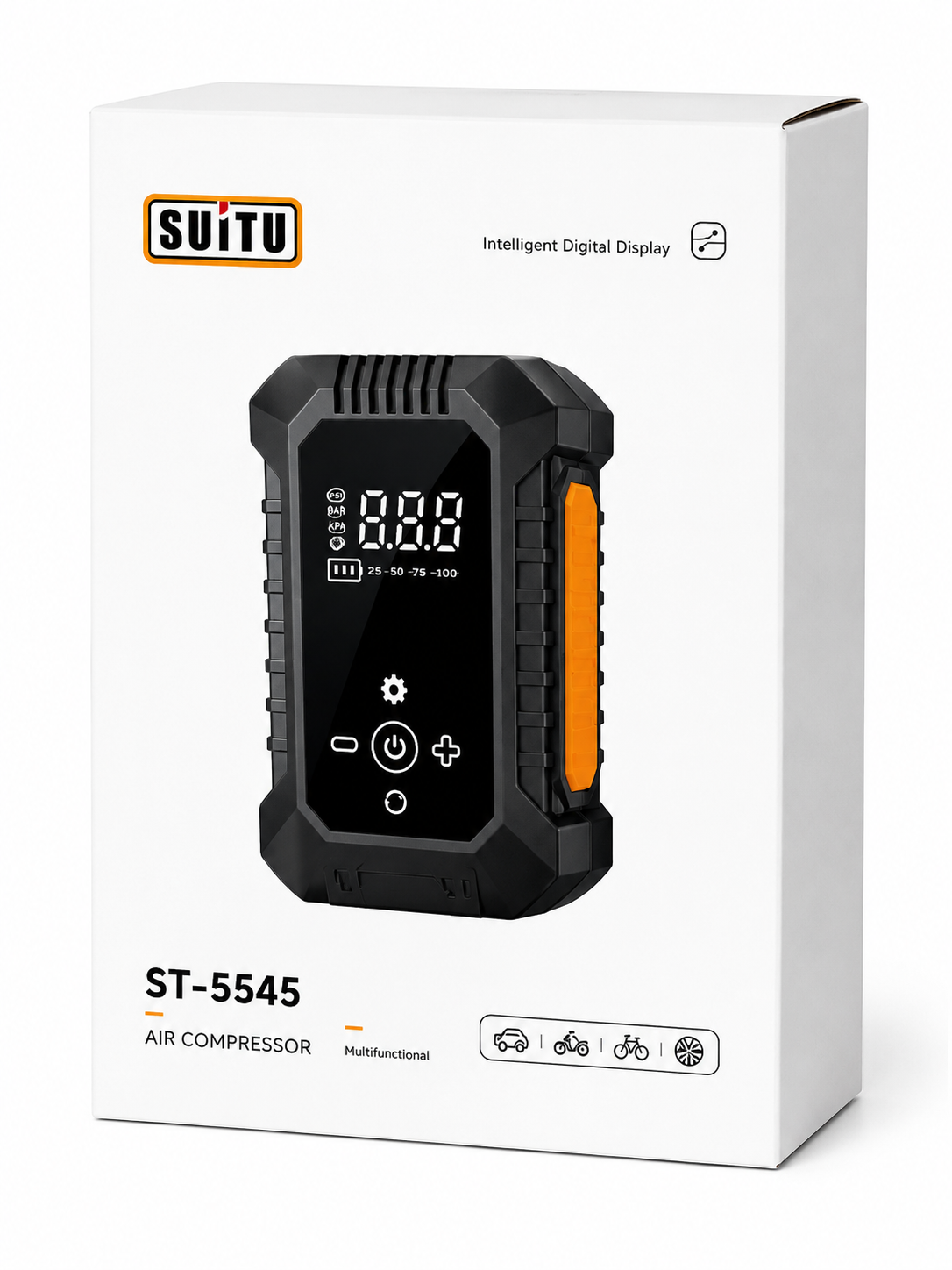 Compresor de Aire Portátil SUITU ST-5545 con Pantalla Digital LCD, Batería Recargable y Luz LED para Coche, Moto, Bicicleta y Balones