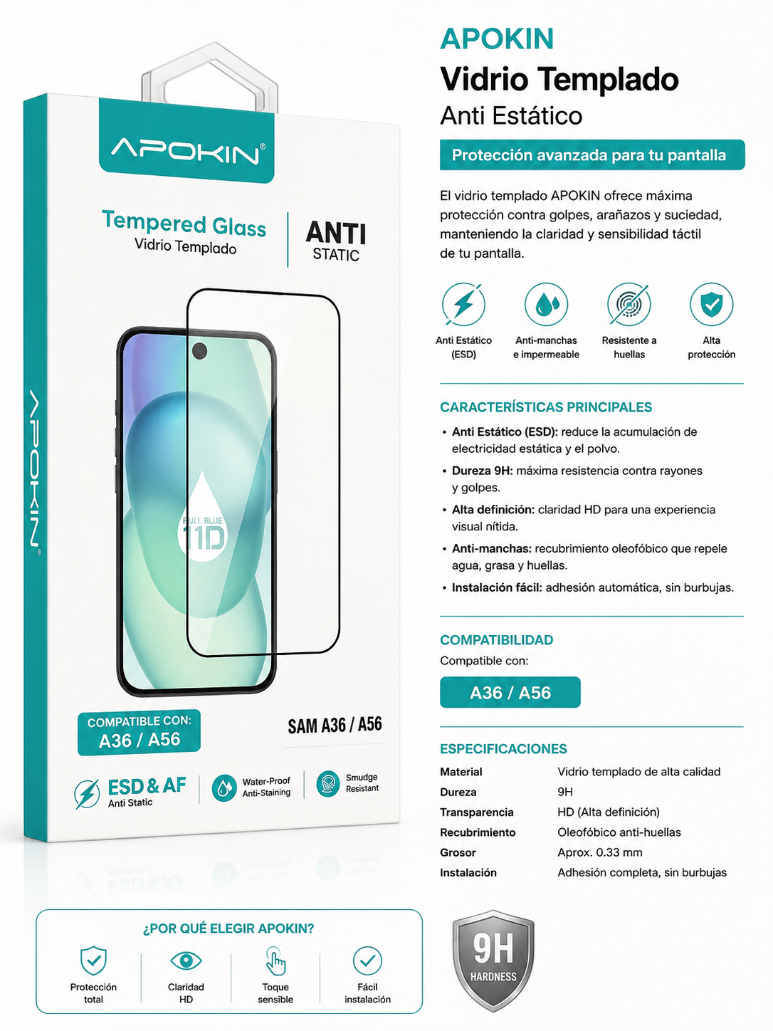 Protector de Pantalla APOKIN Vidrio Templado Anti-Static para Samsung Galaxy A36 / A56