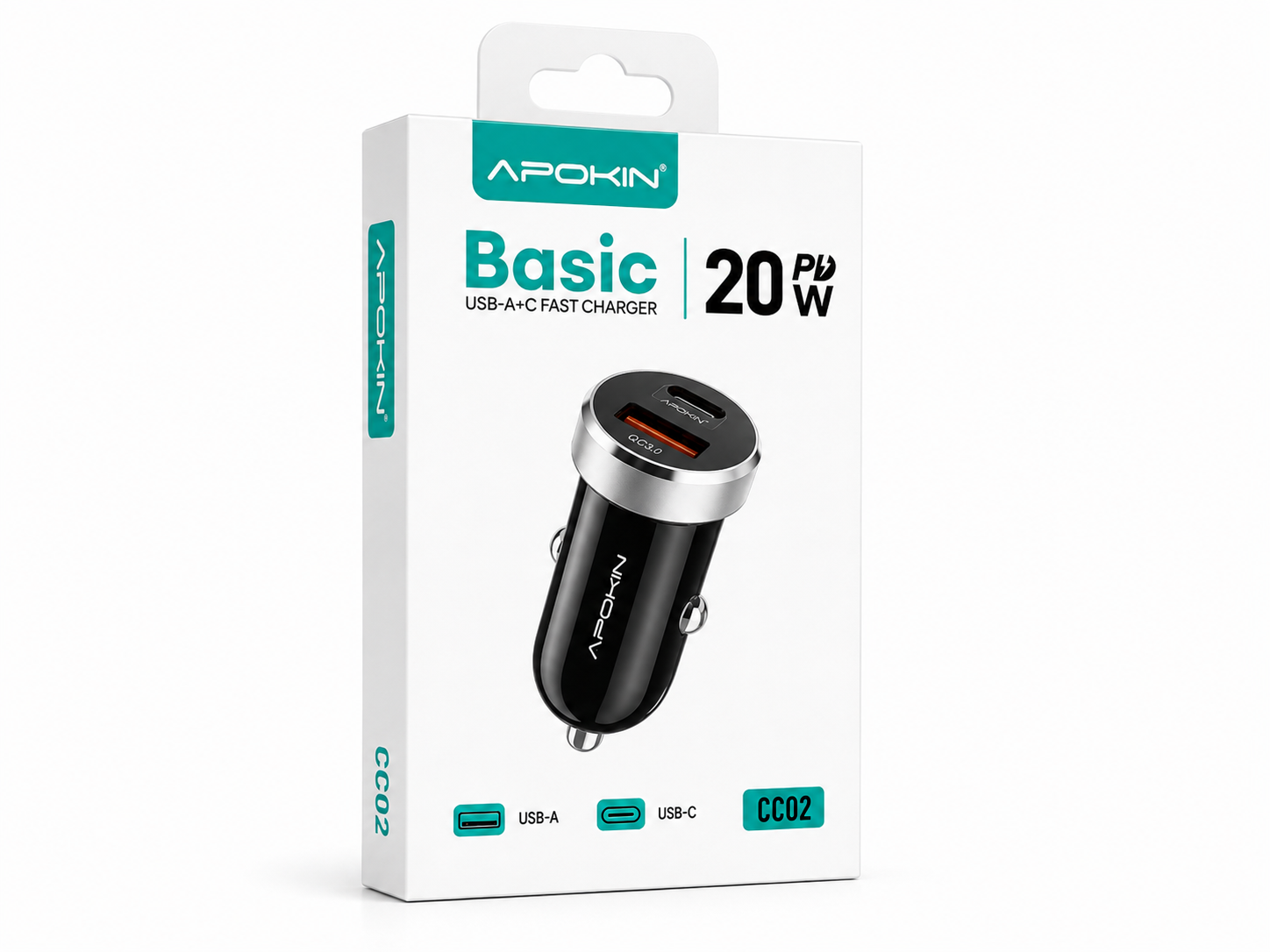 Cargador de Coche APOKIN Basic 20W PD USB-C + USB-A – CC02