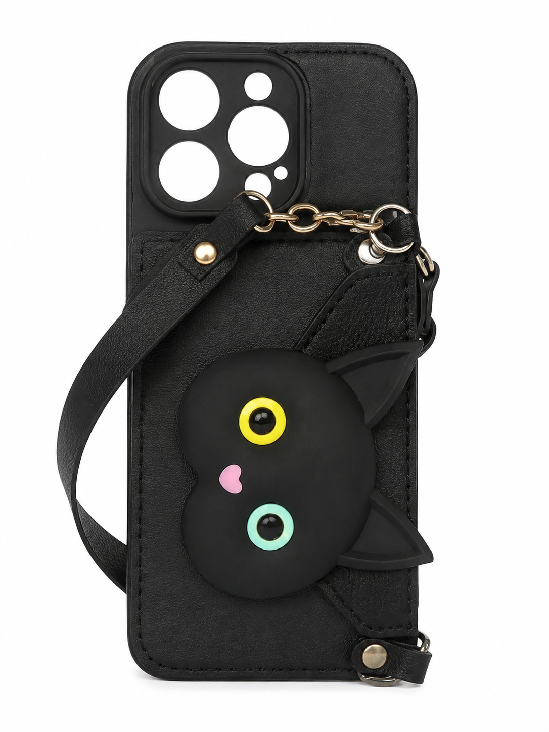 Funda Cartera para iPhone 15 Pro con Monedero, Correa de Mano y Soporte Plegable – Diseño Gatito Negro
