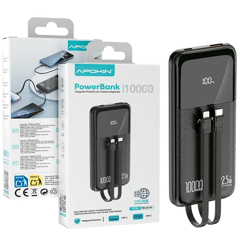 Power Bank 2en1 Tipo-C Y Lightning 10.000mha P66-L Black